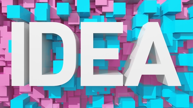 Extruded Idea text with blue abstract backround filled with cubes