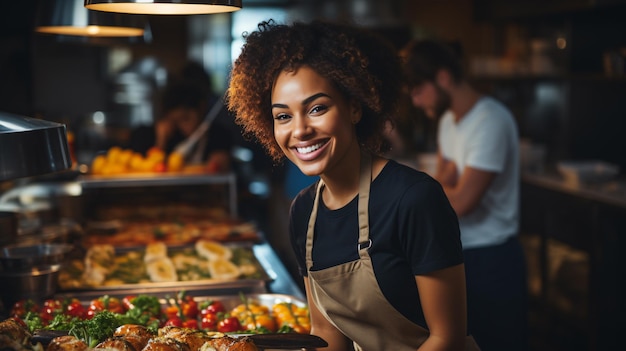 Photo an exuberant african american female chef happily involved in food preparation in the restaurant kitchen