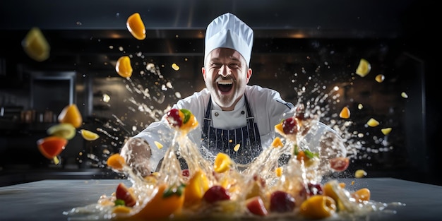 Exuberant chef in action culinary masterpiece creation dynamic cooking kitchen artistry captured expressive professional vibrant food photography AI