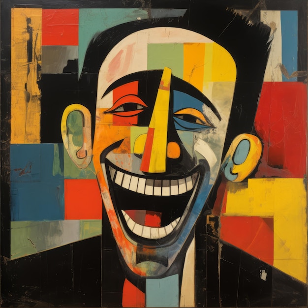 Photo exuberant collage poster laughing man in the style of petros afshar