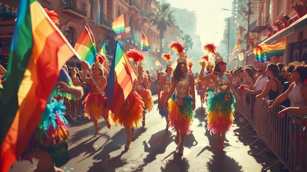 활기찬 댄서들이 프라이드 퍼레이드를 이끌고 있습니다. 축제의 정신과 LGBTQ 문화입니다.