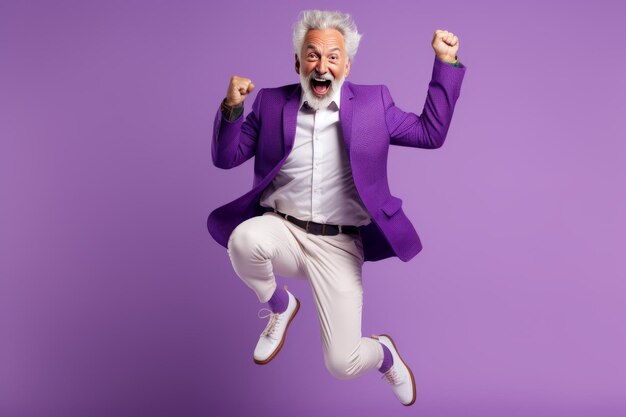 Exuberant elderly man leaps with joy celebrating victorious win radiating positivity captured in