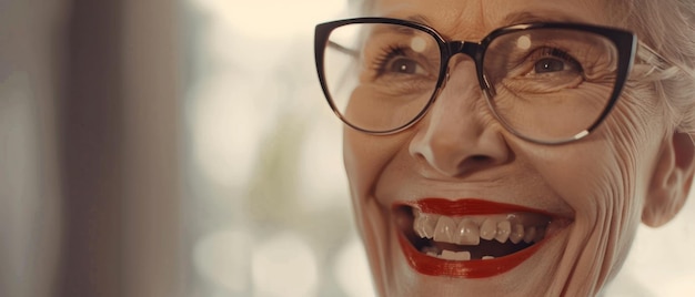 Exuberant elderly woman with glasses laughing joyfully