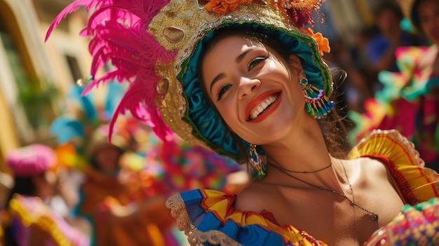 Foto una ballerina esuberante con un sorriso contagioso irradia gioia in un colorato carnevale di strada adornata con un costume festivo