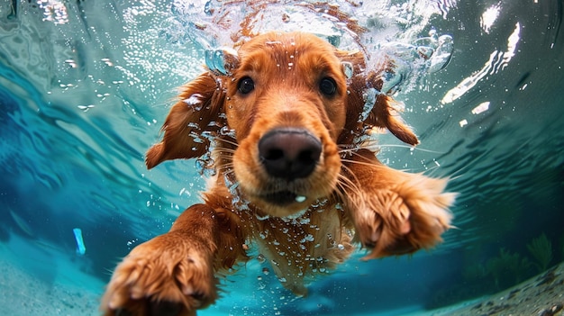 An exuberant golden retriever swimming underwater