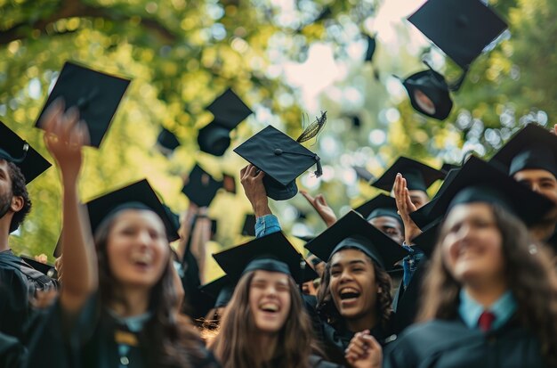 Exuberant Grads Toss Caps in Air Celebrating Academic Success Amidst a Canopy of Trees