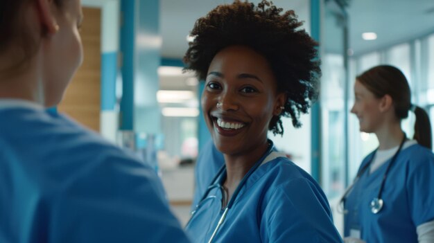 Exuberant healthcare worker shares a joyful moment with a colleague embodying workplace positivity