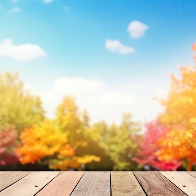 An exuberant image of a rustic wooden table with autumn forest in the background Generative AI