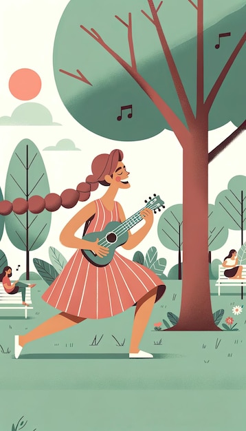 Exuberant Woman Playing Ukulele Under Tree in Peaceful Park AI Generated