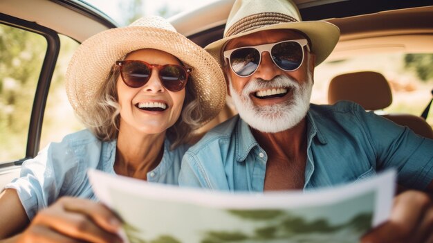 Photo exuding adventure a spirited elderly couple poses with their vintage car during a scenic road trip the map in their hands suggesting exciting plans