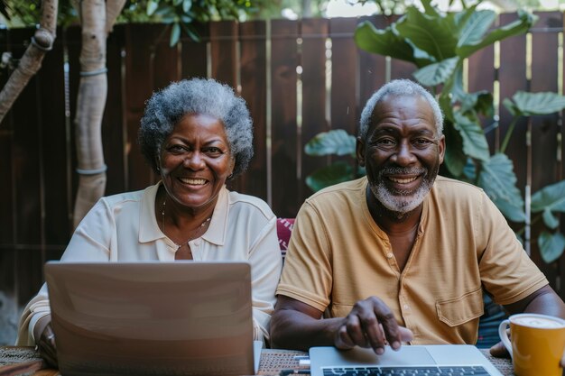 Photo exuding happiness a senior couple embraces the power of online communication using their laptops