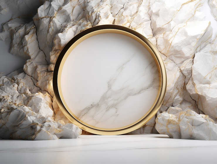 Eye Catching golden circle eucalyptus frame on white marble minimalist wellness background template