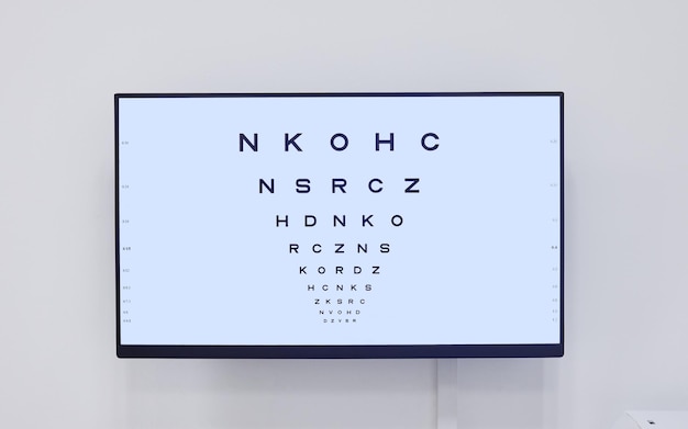 Eye chart television and screen in hospital for optometry examination vision and wellness Healthcare eyecare tv and technology with snellen chart for eyesight test ophthalmology and eyes health