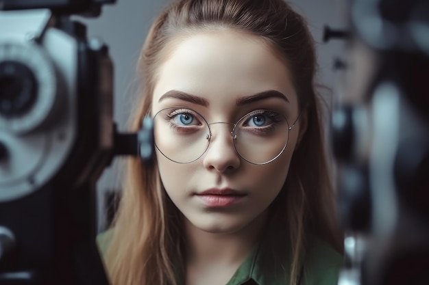 Eye checkup vision test and woman with glasses for optometry consultation in a clinic