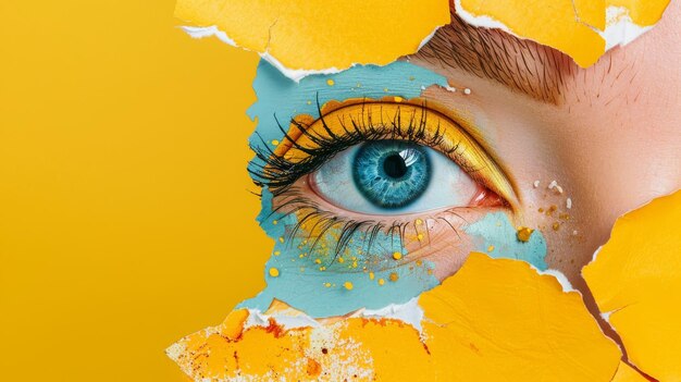 An eye cut out with a yellow background for collage isolated as a png