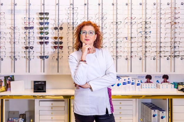 Eye doctor in an optician39s office with a wall full of glasses behind her