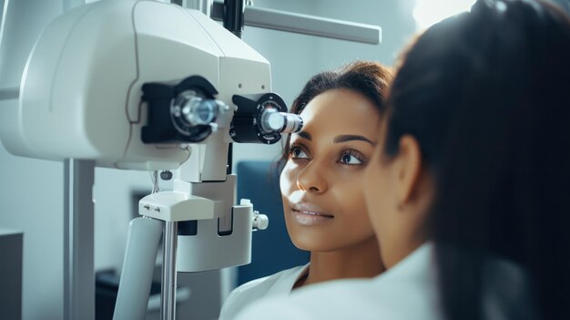 Photo eye doctor with female patient during an examination in modern clinic ophthalmologist is using special medical equipment for eye health saving and improving