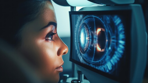 Eye doctor with female patient during an examination in modern clinic Ophthalmologist is using special medical equipment for eye health saving and improving