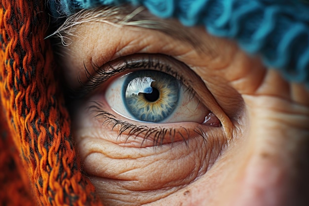 Photo the eye of an elderly woman wearing a knitted hat