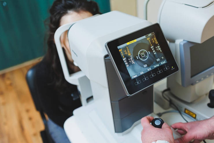 Photo eye examination of a young woman at an ophthalmologist's appointment using modern microscopes vision treatment using modern equipment