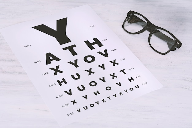 Eye glasses on eyesight test chart