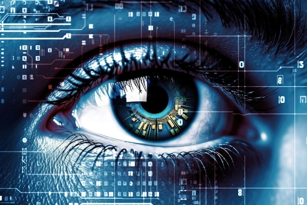 写真 人間の眼のスキャン デジタル未来 フューチャリスティックテクノロジー 安全な虹彩ビジョン ブルークローズアップコンピュータ