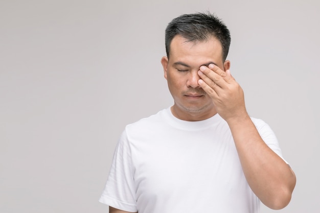 Eye irritation concept : Portrait of Asian man in posture of eye tired,  irritation or problem about his eye. 