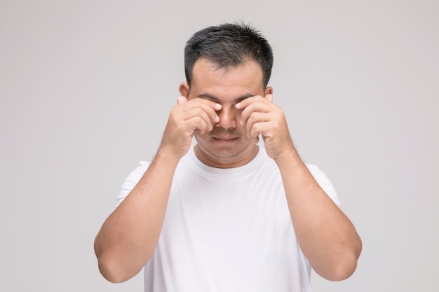 Eye irritation concept : Portrait of Asian man in posture of eye tired,  irritation or problem about his eye. 