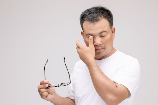 Eye irritation concept : Portrait of Asian man in posture of eye tired,  irritation or problem about his eye. 