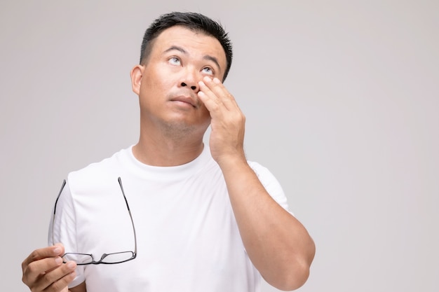 Eye irritation concept : Portrait of Asian man in posture of eye tired,  irritation or problem about his eye. 