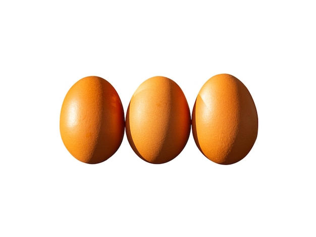 Eye level angle. 3 eggs, white background, isolated and clipping path