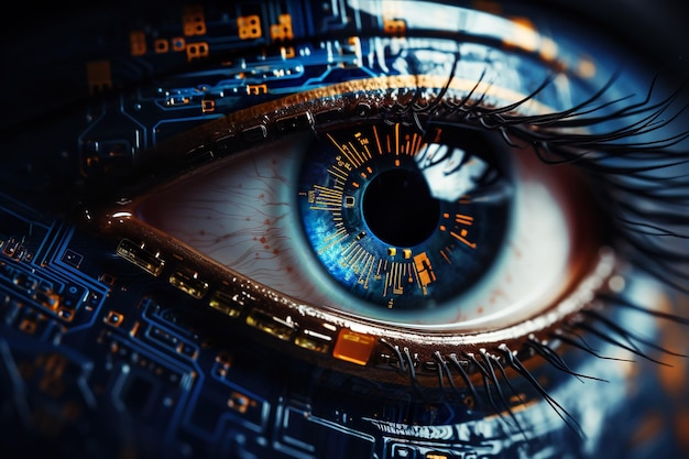 ロボットの瞳孔 サイバネティックな目 ロボット生成 AI の未来的な目
