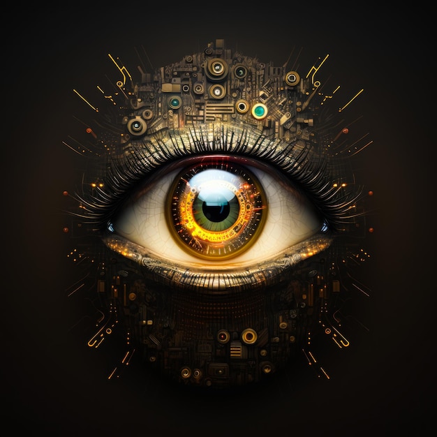 The eye of robot is shown on black background Generative AI