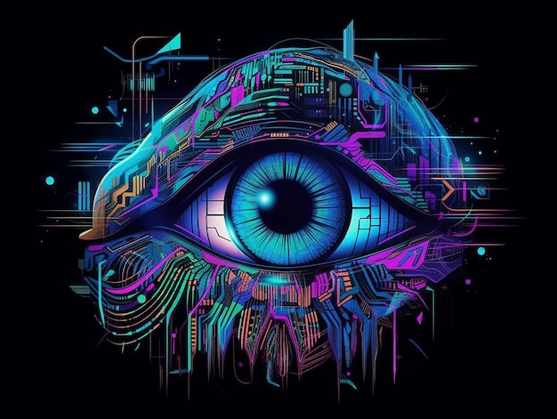 Eye scanner cybersecurity concept Neon style illustration futuristic and technological feel Generative AI