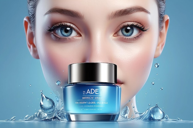 Photo eye serum contained in cosmetic bottles and model face 3d illustration