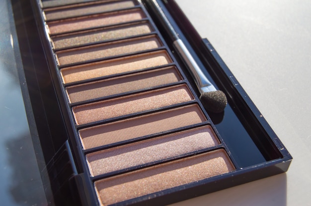 Eye shadow in a palette of brown and Nude shades with a makeup brush