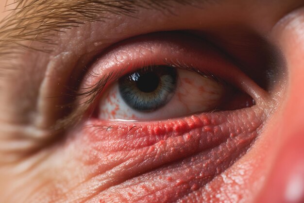 Eye of sick man with red allergic reaction on facial skin close up