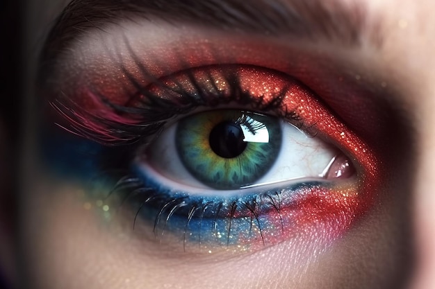 Eye of transgender man painted with colored mascara Face of gay man with makeup closeup Generative AI