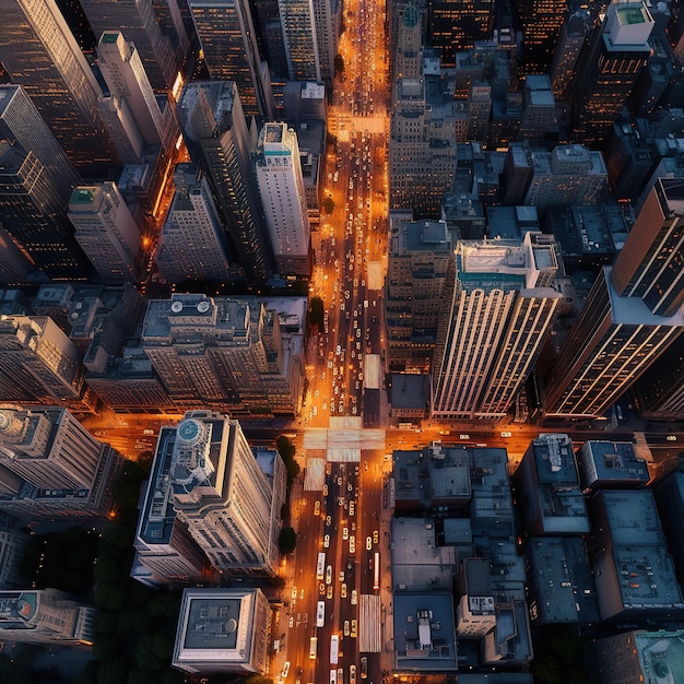 Photo eye view of the busy streets and tall buildings of a city