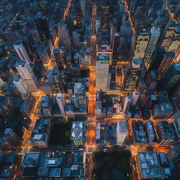 eye view of the busy streets and tall buildings of a city