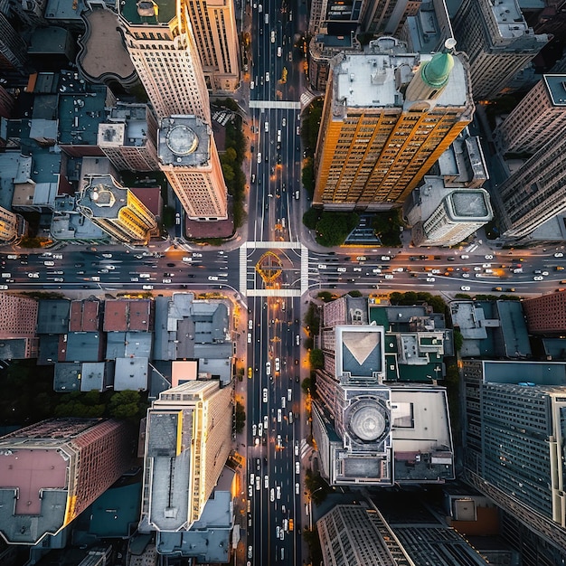 eye view of the busy streets and tall buildings of a city