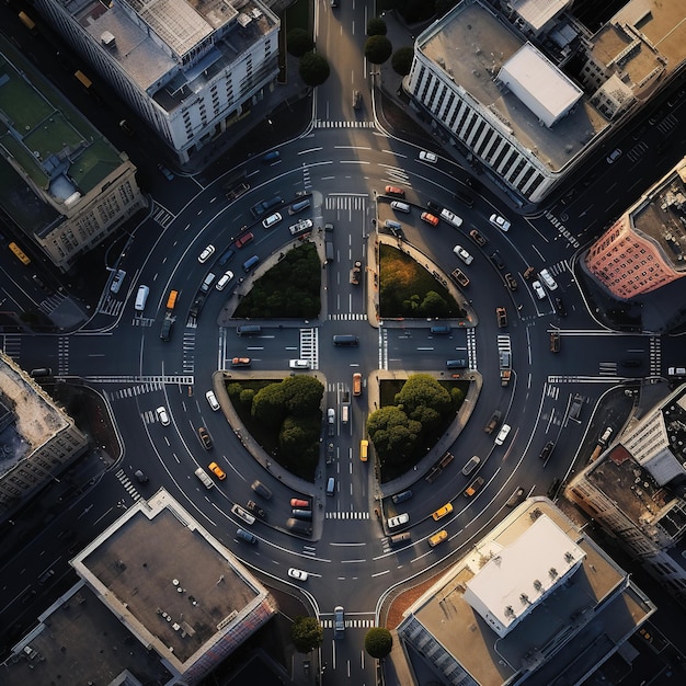 eye view of the busy streets and tall buildings of a city