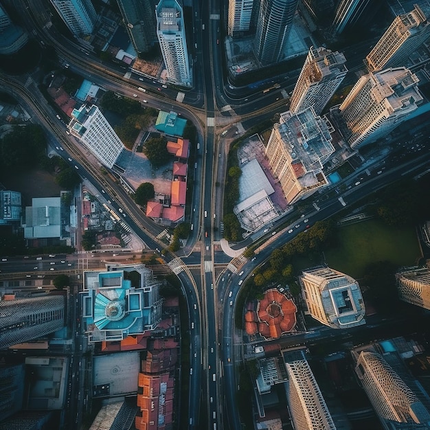 사진 바쁜 거리와 도시의 높은 건물의 눈으로 볼 수 있습니다.