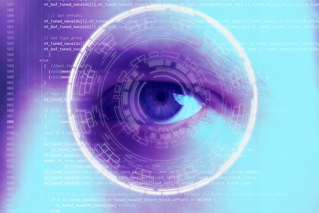 Eye viewing digital information futuristic hologram in front of the person's face modern technology concept