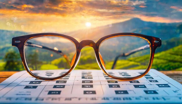 Eye vision test chart seen through eye glasses Prescription glasses sitting on an eye test