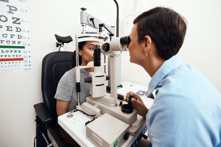 Photo eye and vision test exam or screening with an optometrist optician or ophthalmologist and a patient using an ophthalmoscope testing and checking eyesight for prescription glasses or contact lenses