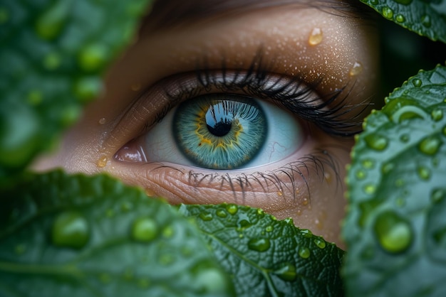 緑の葉を通して目を見る 瞳孔の眼球を近づける 女性が自然環境保護をつなぐ