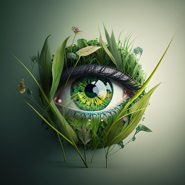 eye with green iris made of nature flowers grass