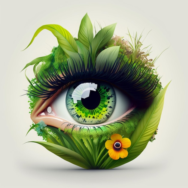 eye with green iris made of nature flowers grass