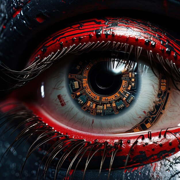 an eye with a red eye and the word eye on it